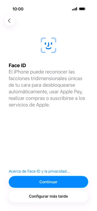 Sigue las indicaciones de la pantalla para activar el uso del reconocimiento facial (Face ID) o pulsa Configurar más tarde.