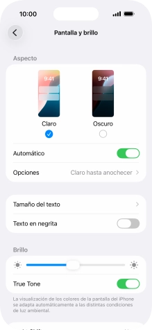Si activas la función, pulsa Opciones y sigue las indicaciones de la pantalla para seleccionar el período de tiempo que debe durar el Modo Oscuro.