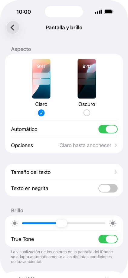 Si activas la función, pulsa Opciones y sigue las indicaciones de la pantalla para seleccionar el período de tiempo que debe durar el Modo Oscuro.