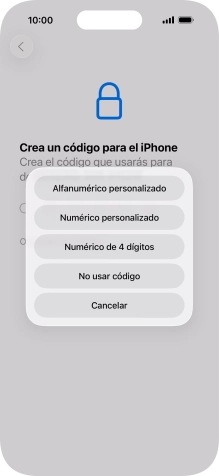 Sigue las indicaciones de la pantalla para activar el uso del código de seguridad o pulsa No usar código.