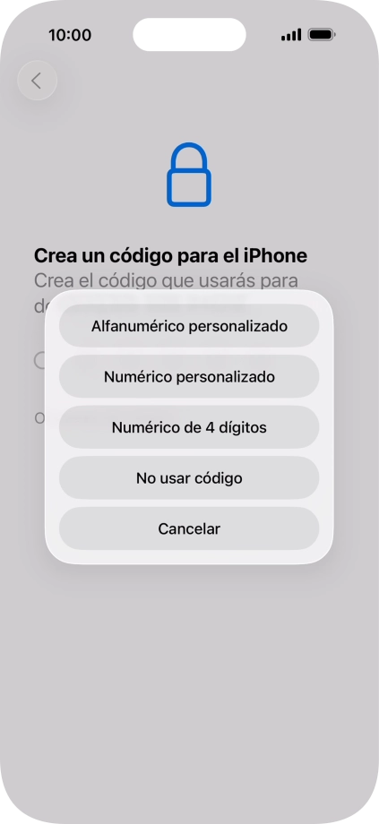 Sigue las indicaciones de la pantalla para activar el uso del código de seguridad o pulsa No usar código.