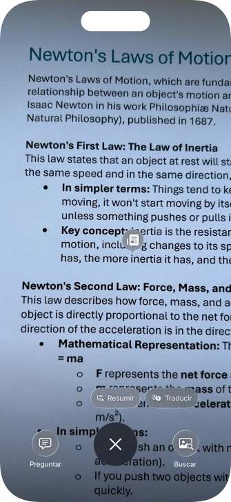 Para utilizar la inteligencia visual en un texto, fotografía el texto, pulsa el ajuste deseado y sigue las indicaciones de la pantalla para utilizar la función.