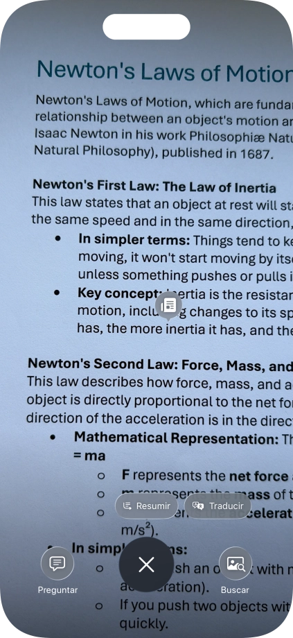 Para utilizar la inteligencia visual en un texto, fotografía el texto, pulsa el ajuste deseado y sigue las indicaciones de la pantalla para utilizar la función.