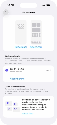 Pulsa Añadir horario y sigue las indicaciones de la pantalla para seleccionar los ajustes de la activación automática de No molestar.
