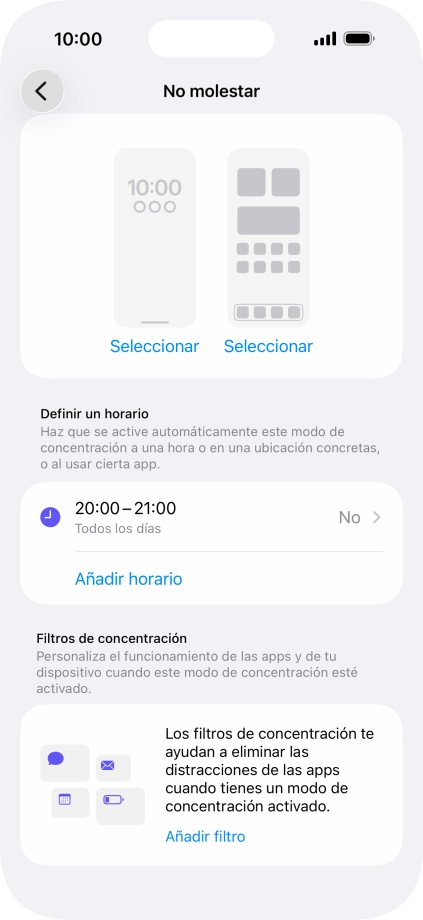 Pulsa Añadir horario y sigue las indicaciones de la pantalla para seleccionar los ajustes de la activación automática de No molestar.