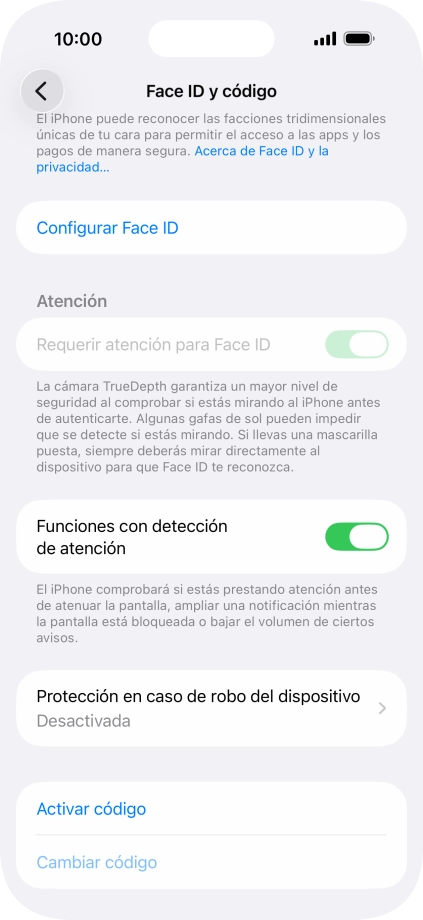 Pulsa Activar código e introduce un código de seguridad de libre elección dos veces seguidas.