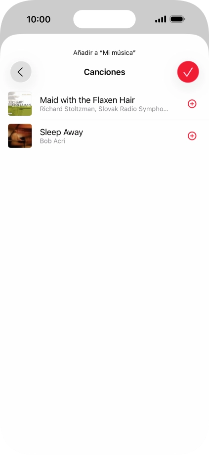 Desplázate a la categoría deseada y pulsa el icono de añadir junto al archivo de música correspondiente.