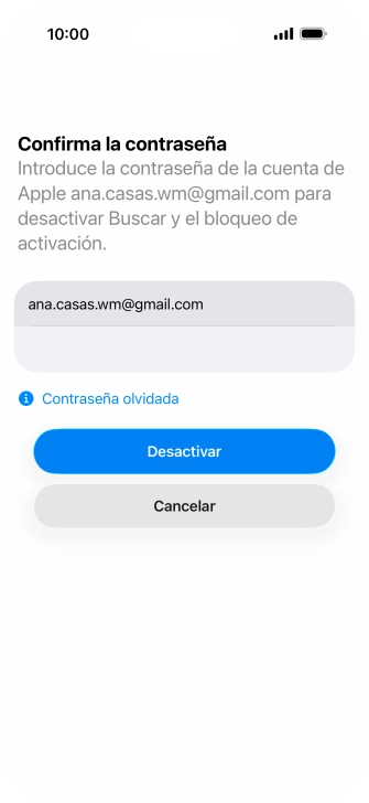 Introduce la contraseña de tu Cuenta de Apple y pulsa Desactivar. Espera unos instantes mientras el teléfono restablece la configuración predeterminada. Sigue las indicaciones de la pantalla para configurar el teléfono y dejarlo listo para su uso.