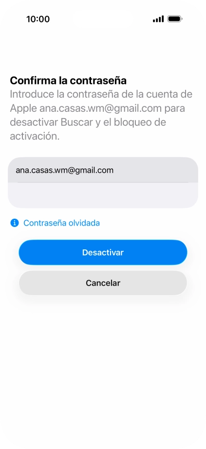 Introduce la contraseña de tu Cuenta de Apple y pulsa Desactivar. Espera unos instantes mientras el teléfono restablece la configuración predeterminada. Sigue las indicaciones de la pantalla para configurar el teléfono y dejarlo listo para su uso.