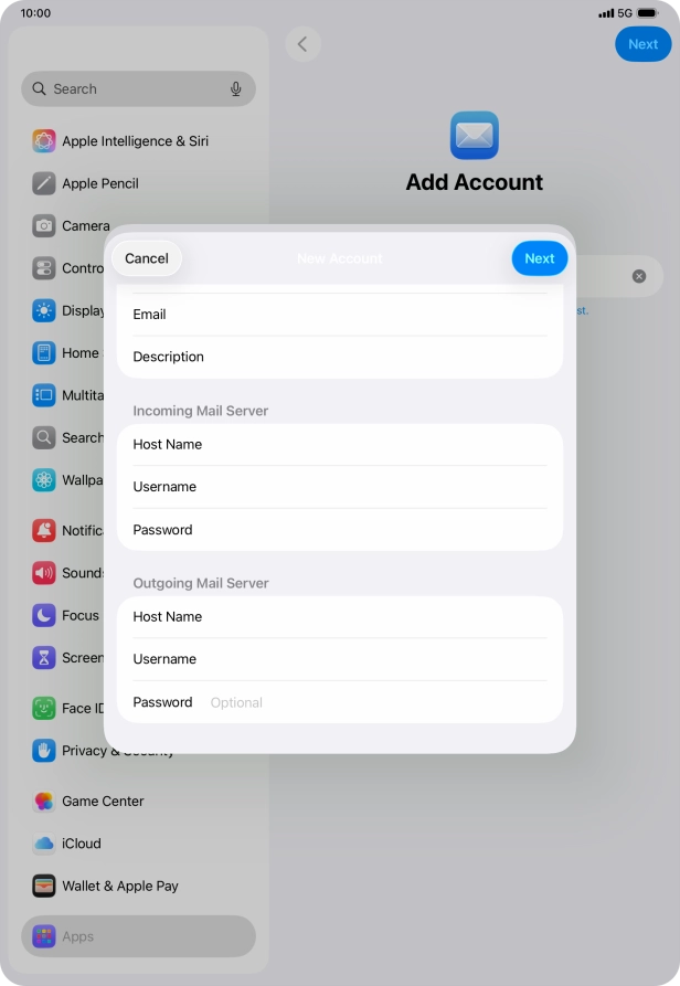 Press Password and key in the password for your email account.