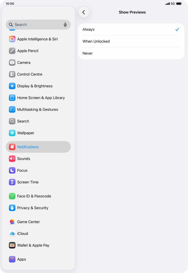 To select notification preview on the lock screen, press Always.