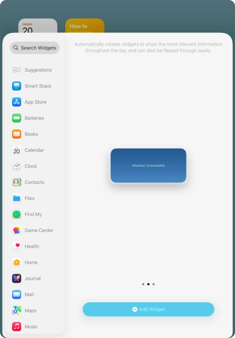 Slide your finger right or left on the screen to select the required widget size.