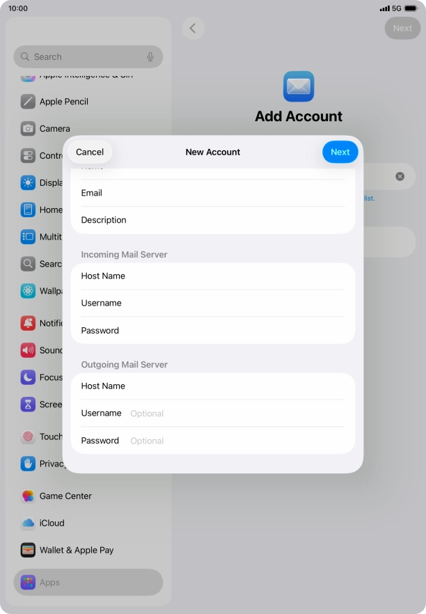 Press Username and key in the username for your email account. Please note that if you're using Vodafone's outgoing server, leave the username field empty.
