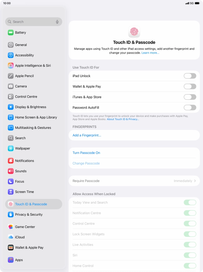 Press Turn Passcode On and key in a lock code of your own choice twice.