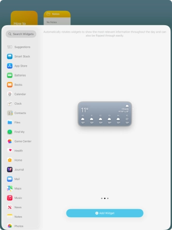 Slide your finger right or left on the screen to select the required widget size.
