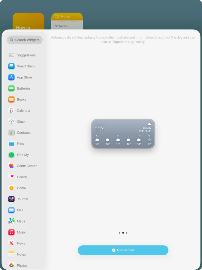 Slide your finger right or left on the screen to select the required widget size.