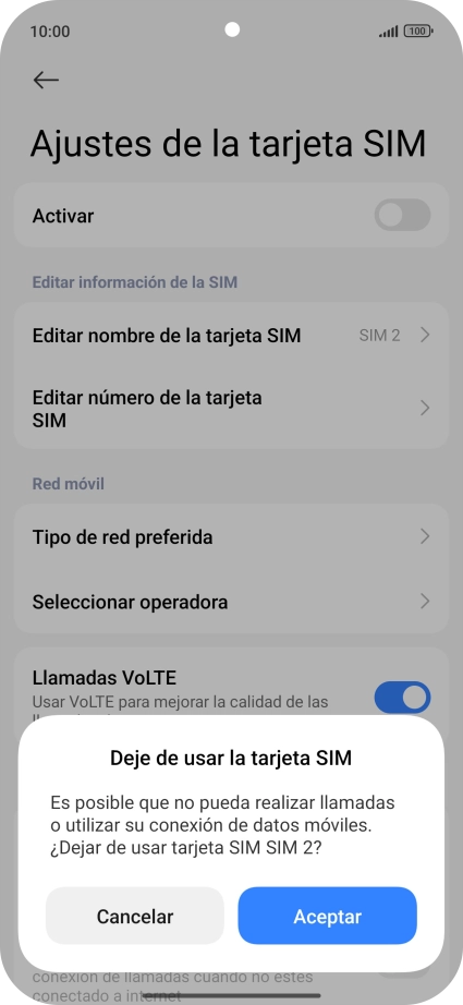 Si desactivas el uso de la línea móvil (SIM), debes pulsar Aceptar.