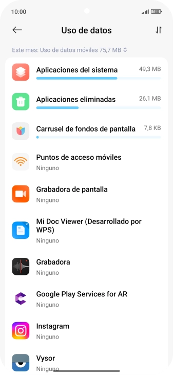 El consumo de datos por cada aplicación aparece bajo el nombre de la aplicación.